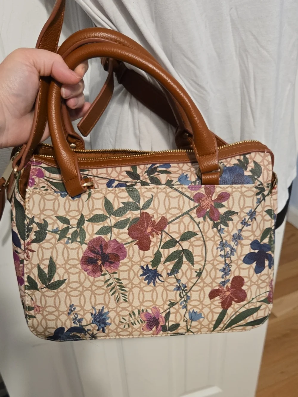 Floral Satchel Handbag With Ctossbody Strap - Brown Trim